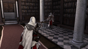 Ezio shooting a guard with the crossbow