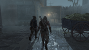 Ratonhnhaké:ton following Franklin to their destination.