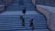Aya and Bayek posing as Apollodorus' Phylakitai, carrying gifts