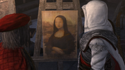Ezio and Leonardo looking at an unfinished Mona Lisa