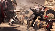 Ezio throwing an axe into a Brute's head