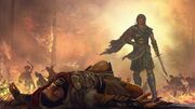 Concept art of Kassandra fighting Deimos in the Battle of Pylos