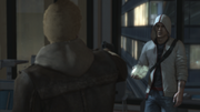 Daniel Cross holding Desmond at gunpoint.