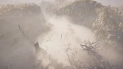 The Petrified Valley as seen from a hill, shrouded in mist