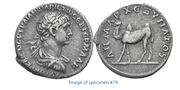 Two coins: a silver one showing the Roman emperor Trajan, and on the reverse a camel representing his conquest of Arabia; and a bronze one showing the empress Tranquillina.