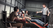 Desmond in the Animus, with Shaun and Rebecca in the back of their van.