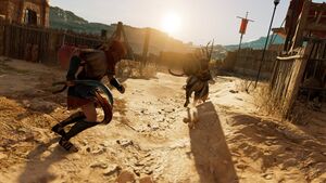 ACO Bayek fighting a Ptolemaic army stalker.jpg