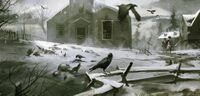 Concept art of a town in winter.