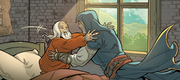 An elderly Ezio visiting Leonardo