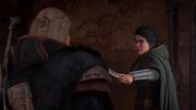 A scared Ljufvina holds Eivor at knifepoint