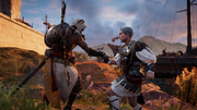 Caesar and Bayek celebrating their escape from Alexandria