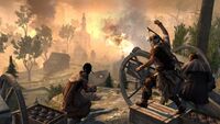 Ratonhnhaké:ton using a cannon.
