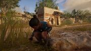 Myrto playing outside her home