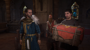 Alfred and Goodwin offering a Danegeld to the Vikings