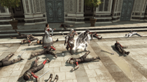 Ezio protecting Lorenzo from Francesco.