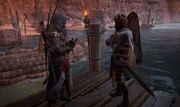 Bayek and Gamilat discussing their next move