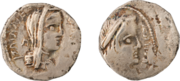 Nabataean silver coin, in extraordinarily good condition, showing the King Aretas IV and his wife Huldu.