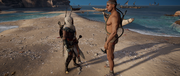 Polymestor thanking Bayek for his aid, bequeathing Caesar's sword to him
