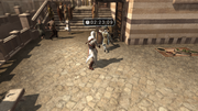 Altaïr shoving a guard towards the merchant stand