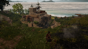 Kassandra discovering pirates occupying and holding farmers captive at the nearby farm