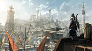 Ezio overlooking a port in Constantinople