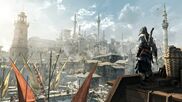 Ezio overlooking a port in Constantinople.