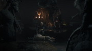 Eivor leaning over Audun's body in the Memory Corridor