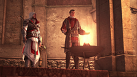 Ezio and Machiavelli standing in front of a lit brazier.