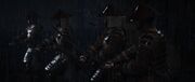 The soldiers switching to their katana to fight Yasuke