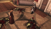 Claudia surrounded by dead Borgia guards.