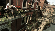 Ezio and several thieves swinging from a bar.