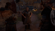 Ceolbert talking to Eivor and Sigurd