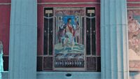 A painting on the southern wall depicting Alexander standing triumphantly with soldiers