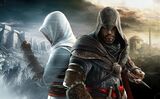 Promotional art of Altaïr and Ezio back-to-back.