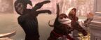 Ezio punching a Harlequin.