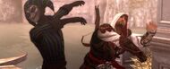Ezio punching a Harlequin.