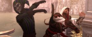 Ezio punching a Harlequin.