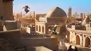 Concept art of Basim and Roshan freerunning in Baghdad