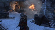 Ezio using bombs to deal with Leandros' guards.