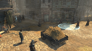 Ezio throwing a bomb to distract the guards