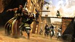 The Sentinel assassinating the Deacon, with the Vizier and Vanguard in the action, while two known characters and an unknown one walk by in the background.