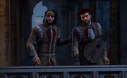 Ezio and Yusuf disguised as minstrels.