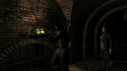 Connor lighting a lamp along the path