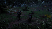 Broder and Eivor returning to the camp, with Eivor carrying Brothir's body
