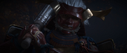 A samurai clad in fur-trimmed red armor