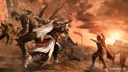 Ezio charging towards Cesare Borgia at the Siege of Viana