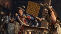 Ratonhnhaké:ton attacking a Bluecoat with a checkers board.