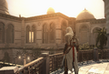 Altaïr on a balcony inside of the palace.