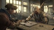 Ratonhnhaké:ton playing Nine Men's Morris in a tavern
